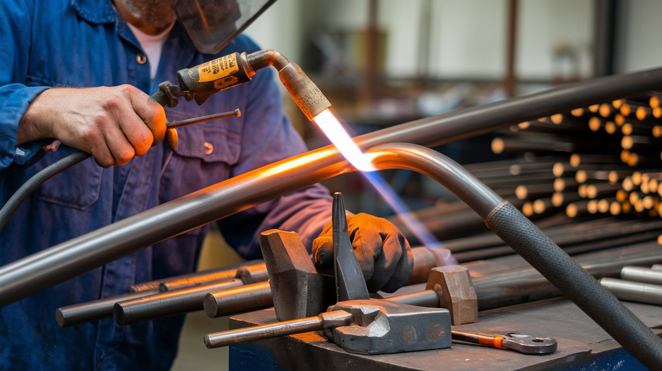a-metalworker-using-a-torch-to-heat-a-bended-long-metal